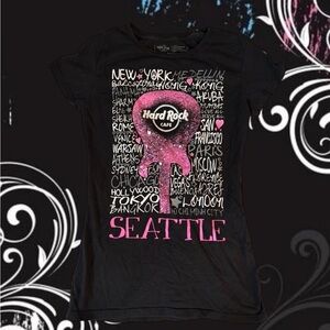 Hard Rock Cafe Black Tee with Pink and White Graphics